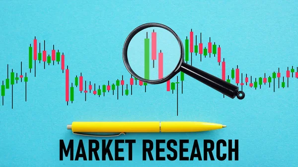 Market research is shown using a text and photo of magnifying glass