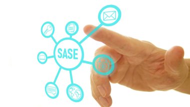 Güvenli Erişim Hizmet Kenar simgesi, parola, ağ, çerçeve ve destek teknolojisine elle dokunmak. SASE güvenli servis kenarı kavramı..