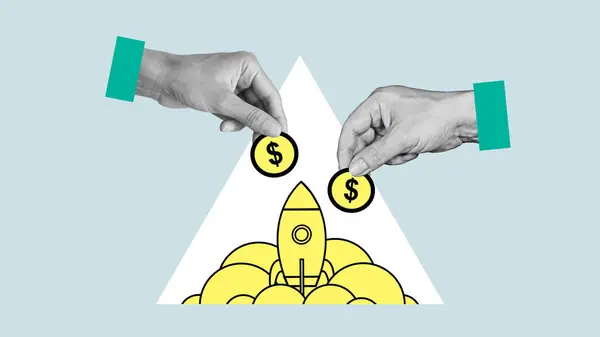 Crowd funding or Start up business grants. Crowdfunding is shown with collage of human hands with coins and rocket launch.