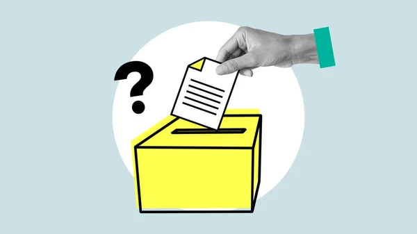 Suggestion box. Suggestion process information concept. Ballot box with person vote on blank voting slip voting concept.