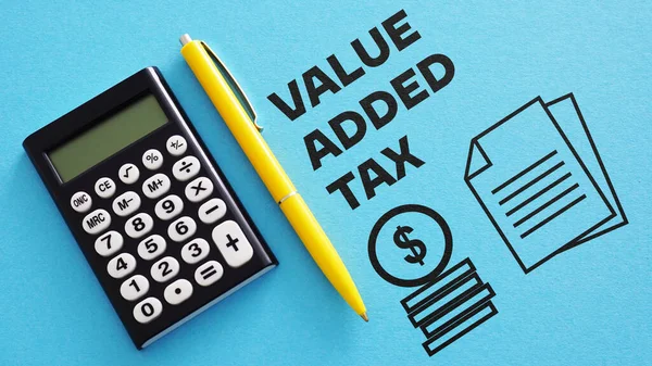 Value Added Tax VAT Finance Taxation Accounting is shown using a text and photo of calculator