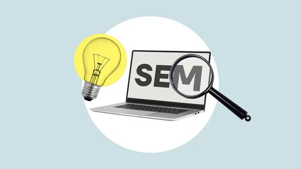 Search engine marketing SEM is shown using a text and photo of laptop and magnifying glass