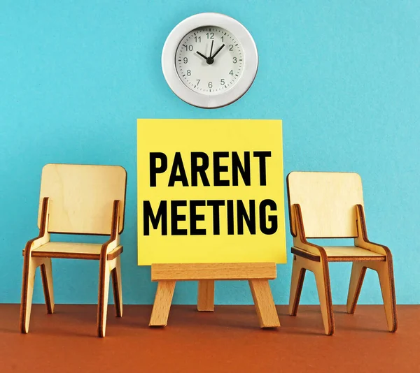 Parent meeting is shown using a text and photo of chairs