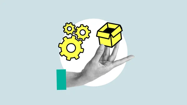 Product owner is shown with collage of hand with box and gears. Product Lifecycle Management PLM and Product positioning.