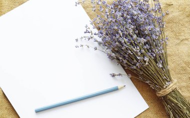 Boş kağıt kart modeli, zarf, ve arka planda lavanta çiçekleri. Boho doğal düğün davetiye şablonu, ticari marka düz yatıyordu