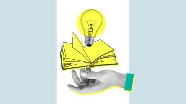 Elle kolaj, kitapla ve lambayla. Kitap kurdu öğrenme, edebiyat yığını veya eureka beyin fırtınası. Mavi arka planda izole edilmiş dahice çözüm icadı