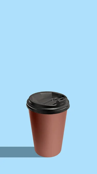 Paper cup with coffee for take away on blue background. Concept of art, drink, taste, colorful design. Vertical poster with copy space for ad