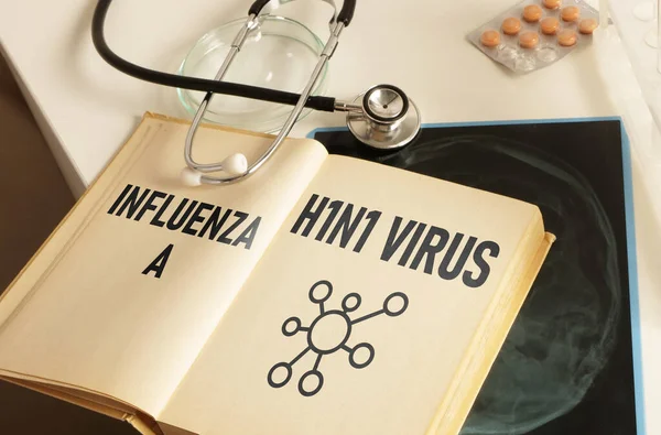 stock image Influenza A H1N1 Virus is shown using the text in a book