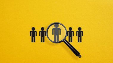 İnsan kaynakları yönetimi ve işe alım. Bir büyüteç kullanarak doğru çalışanı ve iş arayanı arıyorum. İstihdam iş kavramı