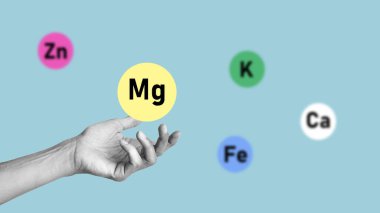 Mineral ve makro besin ikonlarından magnezyum seçen elle kolaj. Yüksek miktarda vitamin ve eser elementlere sahip yiyecek seçimi