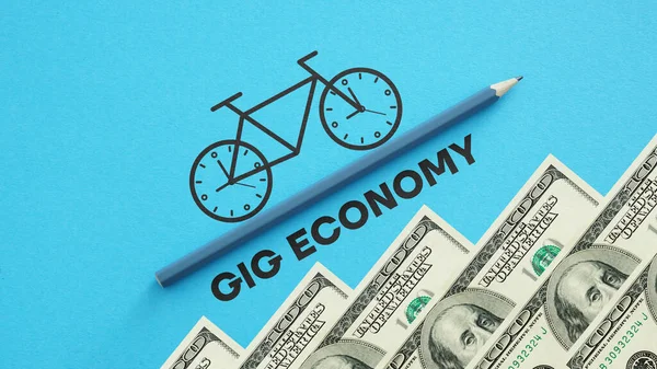 Gig Economy Показується Допомогою Тексту Фотографії Доларів Зображення Велосипеда — стокове фото