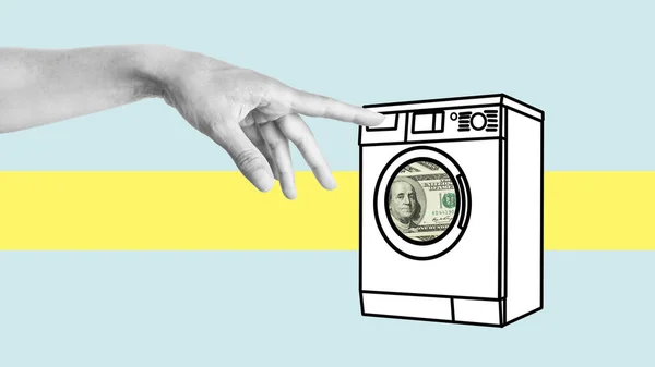 Tax fraud and Money Laundering. Collage with hand and washing machine with dollars