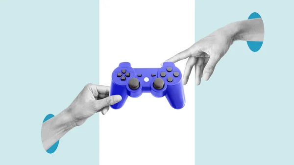 Collage with hands holding video game console controller. Hand passing the video game controller. Two players concept