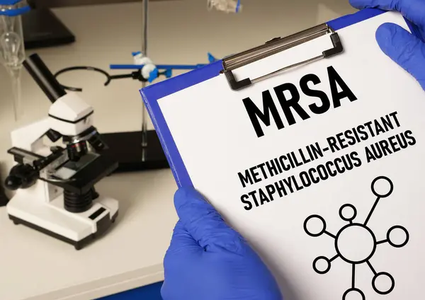 stock image MRSA Methicillin-resistant Staphylococcus Aureus is shown using a text