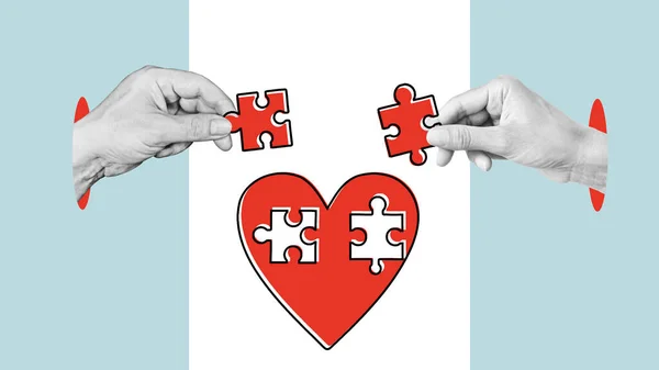 Concept of building love relationships. Collage with two hands put together a heart-shaped puzzle. Jigsaw puzzle of red heart.