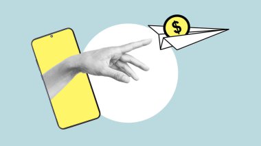 Para transferleri, işlemler, çevrimiçi ödemeler, başarılı iş ve girişim kavramı. El yapımı kolaj. Akıllı telefondan gelen dolar parasıyla kağıt uçak fırlatma..