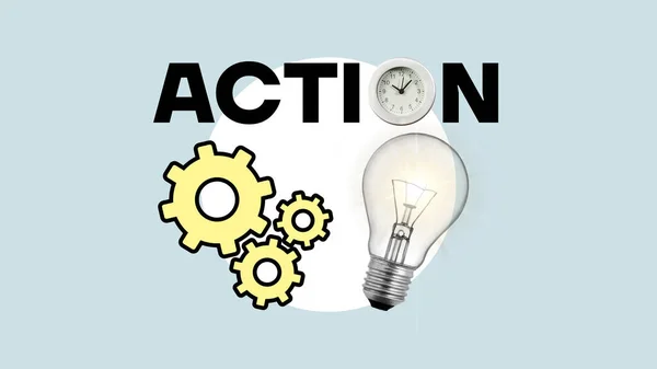 Action Required Time Action Collage Gears Lamp Clock — Stock Photo, Image