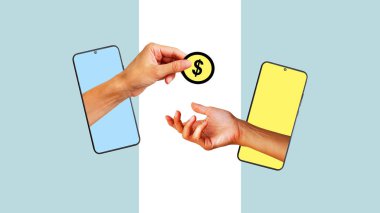 Banka havalesi. Akıllı telefondan El ile Kolaj yapmak parayı başka bir ele aktarır. Çevrimiçi para işlemleri, akıllı telefon kullanarak cep telefonu ödemeleri.