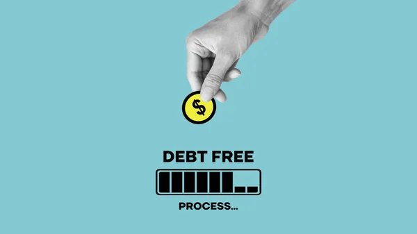 Debt free in process, financial freedom, ending credit payments and bank loans, loading bar.