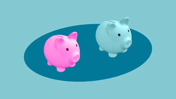 Separate budgets in relationships and family. General expense items and personal spending limits. The principle of forming a family fund. Collage with blue and pink piggy banks
