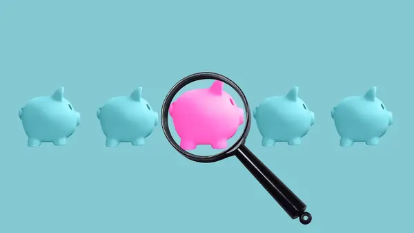 The best way to save money. Magnifying glass and piggy banks. Exploring diverse options for deposits. Deposits and investments. Attention to detail and precision in financial decision making