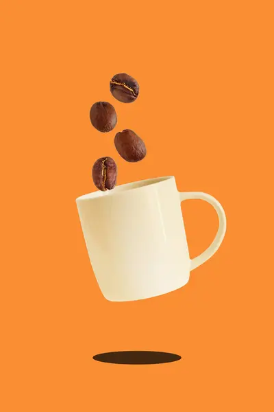 The cup of coffee and coffee beans for coffee break. Concept of art, drink, taste, colorful design. Poster with copy space for ad