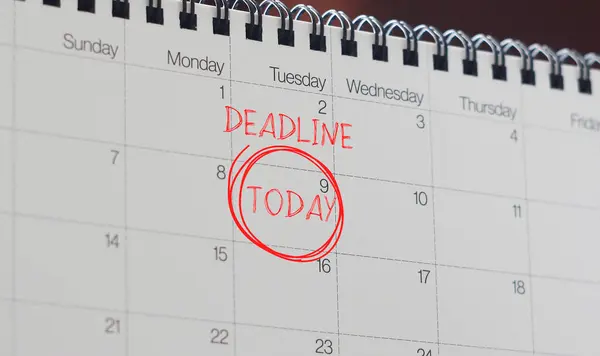 stock image Deadline today text on calendar. Concept of self warning to get job done on time in very tight deadline