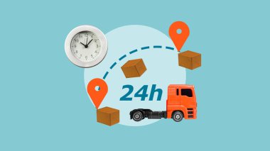 Hızlı teslimat 24 saat içinde. Hızlı teslimat servisi. Karton kutu paketi, saat ve karavanla kolaj. Acil Durum Ekspres Kurye Servisi. Metin için boşluk