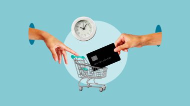 Alışveriş arabasıyla el, kredi kartıyla el. Alışveriş zamanı ve kredi kartıyla alışveriş. Şimdi al, sonra ödersin. Ticari satış ve mal satışı, online ticaret platformları