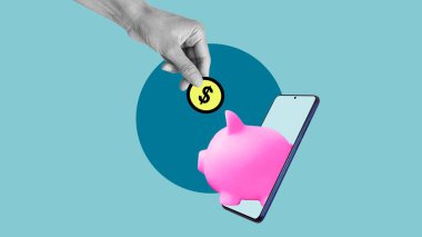 Çevrimiçi bankacılık ve internet bankacılığı kavramı. El domuz kumbarasına para yatırır. Mobil bankacılık uygulaması.