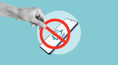 Phone ban concept is shown by Mobile phone with prohibition sign. Digital detox and disconnecting of gadgets is shown by No phone sign clipart