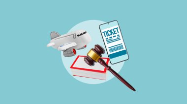 Aviation law and passenger right are shown by judge's gavel, ticket and plane. Civil aviation industry legislation clipart