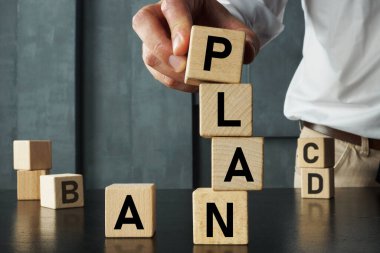 Strateji planlama ve yönetim iş konsepti. Planın bir işadamının elinde olduğu tahta bloklar. A, B, C, D planıyla verimliliği arttırıyorum.