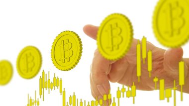 Merkezi olmayan Finans DeFi iş konsepti olarak altın bitcoin ve indeks okunu işaret eden elle gösterilir