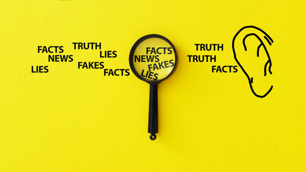 Media literacy, fake news detection, and critical thinking are shown by magnifying glass filter truth from lies, facts from fakes