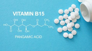Şişede B15 vitamini hapları, sağlıklı beslenmek için. Pangamik asit