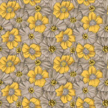Moda ve mobilya için dijital baskı ve sarı çiçeklerle kusursuz desen