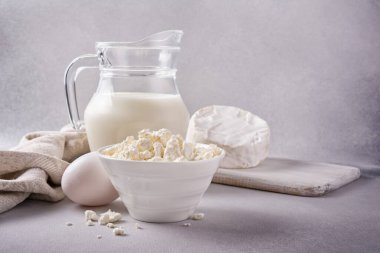 Beyaz kâseli süzme peynir, cam süt sürahisi, tavuk yumurtası ve camembert peyniri. Gri beton arka planda lezzetli bir yemek malzemesi olarak.