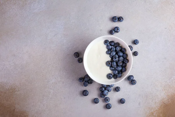 Top View Bowl Healthy Dessert Breakfast Yogurt Blueberries Grey Concrete — ストック写真