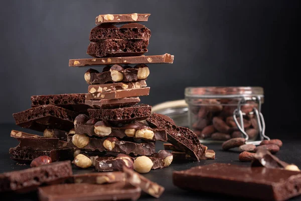 Pieces Broken Tasty Milk Dark Air Chocolate Bars Hazelnut Cocoa — Stock Photo, Image