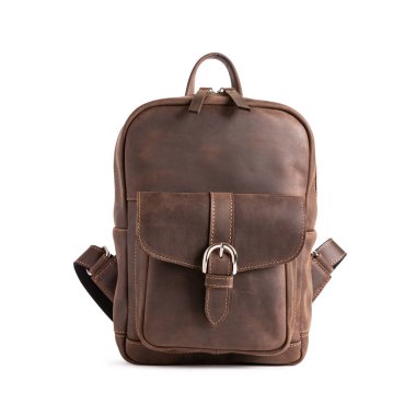Fashion accessory. Brown leather modern urban backpack isolated on white background