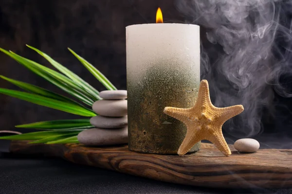 Golden Candle Sea Star Green Leaves Plant Stones Relax Bath — Stok fotoğraf