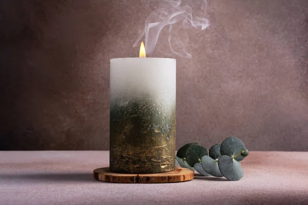 Scented golden candle with green plant eucalyptus for relax, aromatherapy, cozy interior design, loft on concrete background