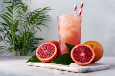 Meyve suyu ya da kırmızı Sicilya portakalından bir bardak buzlu kokteyl. Meyve içeceği tazeleniyor.