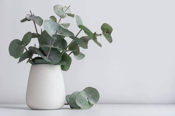 Groene Eucalyptus Bladeren Vaas Witte Tafel Wellness Spa Stilleven — Stockfoto