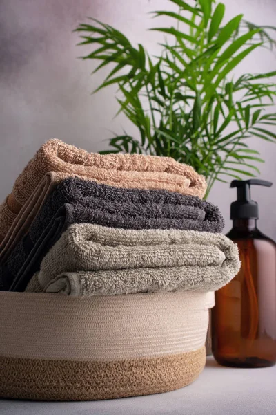 Składane Puszyste Bawełniane Ręczniki Koszyku Wnętrze Łazienki Wellness — Zdjęcie stockowe