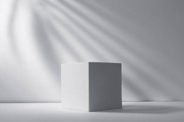 Palmiye yaprağı gölgeli ürün sunumu için beyaz küp podyumu. Kozmetik ürünleri için vitrin..