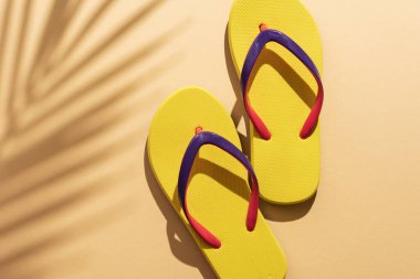 Palmiye yapraklı sarı parmak arası terlikler. Yaz arkaplanı kavramı.