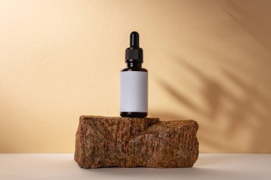 Kahverengi kozmetik şişesi. Palmiye yapraklarının gölgesi var. Doğal organik kozmetik ürünleri için şablon.