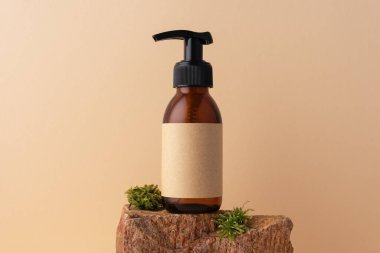 Kozmetik ürünler için yosun taşının üzerinde duran kahverengi cam şişe maket. Doğal organik kozmetik konsepti